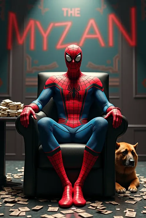 Spiderman sits on a chair in the middle of a large room ,  next to him is a table with a large pile of money  ,  on the wall behind his back in bold red with blue lettering , and under the table is an Alabai dog  