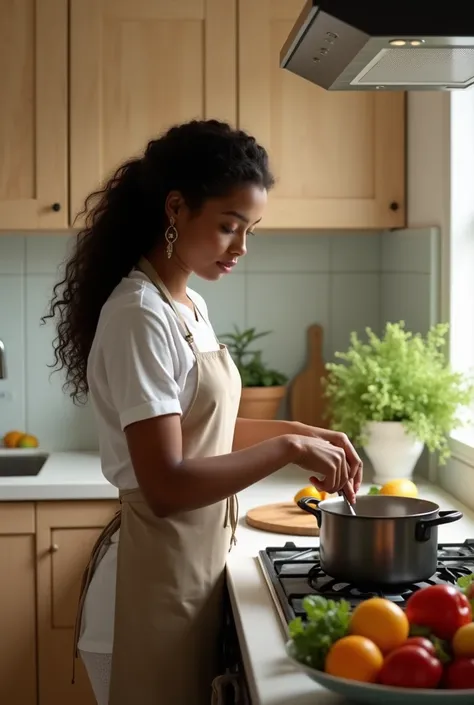  Create an 8K cinematic image of a brown woman ,  with long curly hair, wearing an elegant apron ,  standing next to a modern stove .  She is looking intently at the pot ,  watching the food being cooked ,  with a focused and serene look . by your side,  a...