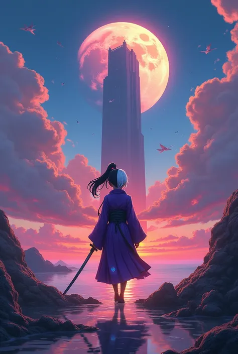 dark-skinned character, What is the pillar of the moon  (ficticio)  measures 1 .80 meters,  his hair is divided into 2 colors ,  black and white her eyes are blue and her haori is purple, Add a katana to her side as she walks towards the sunrise  