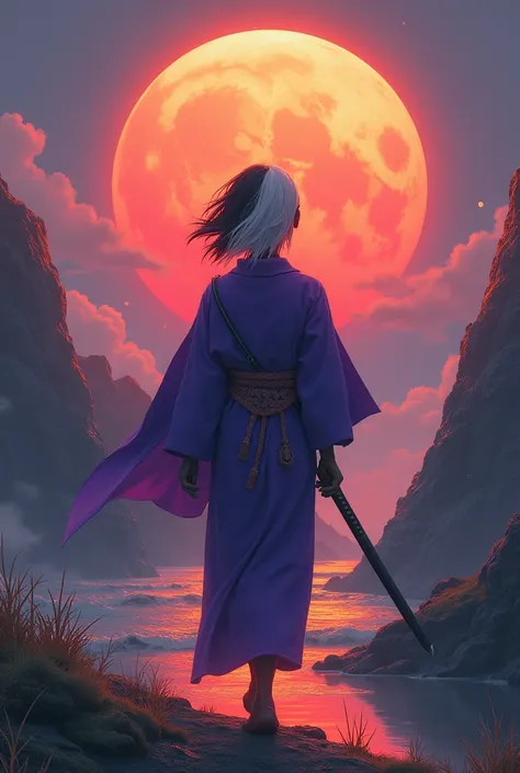 dark-skinned character, What is the pillar of the moon  (ficticio)  measures 1 .80 meters,  his hair is divided into 2 colors ,  black and white her eyes are blue and her haori is purple, Add a katana to her side as she walks towards the sunrise  