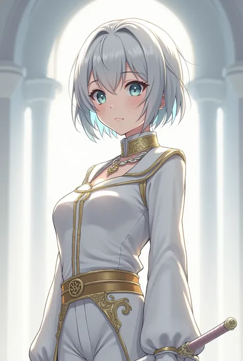  The protagonist has short silver hair ,  with slightly disordered threads ,  giving her a youthful and delicate appearance .  Her eyes are light blue , penetrating,  and her expression is soft ,  but with a calm that transmits confidence . Ela veste um tr...