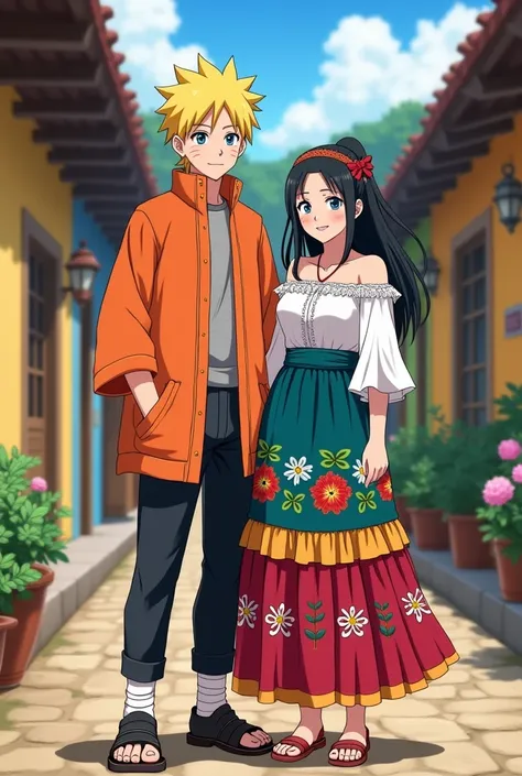 Create a full-body anime-style image of Naruto and Hinata standing together, dressed in traditional Colombian clothing. Naruto is wearing a classic ruana, a knee-length woolen poncho typical of the Andean region, with simple yet elegant patterns. He is als...