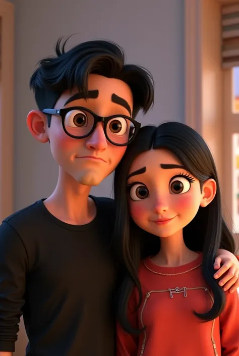  Create a Disney Pixar-style image from the movie , of a couple,  the boy is wearing a black shirt , The boy is wearing , She has black hair ,  the boy has a funny face of displeasure ,  the girl is wearing a lead-colored sweatshirt with red details, has l...