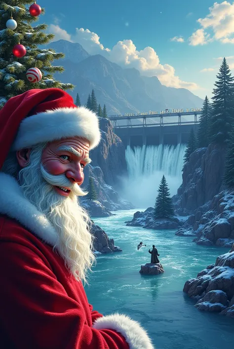   A Christmas tree, Santa Clauss face  , a very wide river plain dammed with rocks and rocks in the rapids and several large fish jumping ,  Without a margin on the right side  ,   and the statue of Saint Francis in the middle of the river on top of a rock...