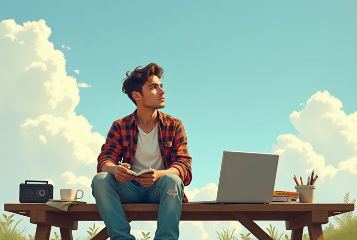 A young man in his late 20s sits on a wooden picnic table in a quiet park, surrounded by a serene outdoor setting. He’s dressed in a simple 90s-inspired outfit: a loose plaid shirt over a white T-shirt, worn jeans, and sneakers. A notebook lies open in his...