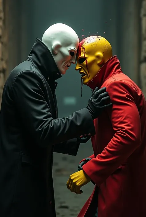 2 men, One With Black Clothes And White Mask ,  The Other With Red Clothes And Yellow Mask, Coming Out In The Punch And The Man Dressed In Red With His Head Bleeding 