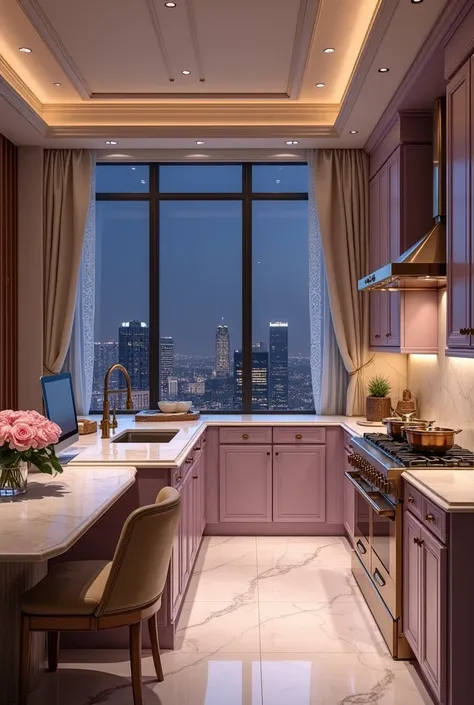 Create a nighttime atmosphere in a high-rise building in the city center with a custom-designed lilac kitchen with gold details, sink with two bowls, MDF counters and marble top, with utensils on top, an island with a large cocktop stove and hood bronze, a...