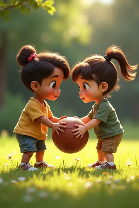 A little brown boy teaching a girl how to play ball 