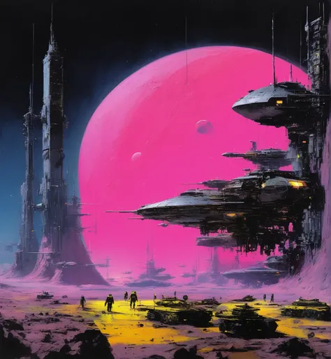 Masterpiece, highest quality, very detailed, absolute resolution, high resolution, highest quality, 8K, John Harris Style - Moon walk John Berkey huge space ships in the distance, neon yellow pink theme,  dark palette illustration, masterpiece, airbrush ar...