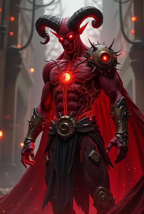 create a male tiefling character he is from a steampunk,fantasy universe,he has deep red skin,hes is  from the brawler class and his body is covered in a network of circuits and gears that glow with arcane light,he his very muscular