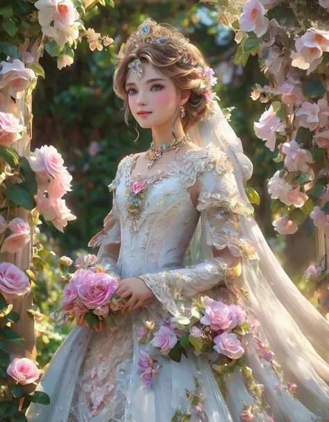 A secret garden ,  hidden behind tall ivy walls ,  where beauty blooms in every corner .  The air is imbued with the sweet fragrance of roses and lilacs ,  while butterflies of vibrant colors dance among the flowers . in the center,  a young woman in a whi...