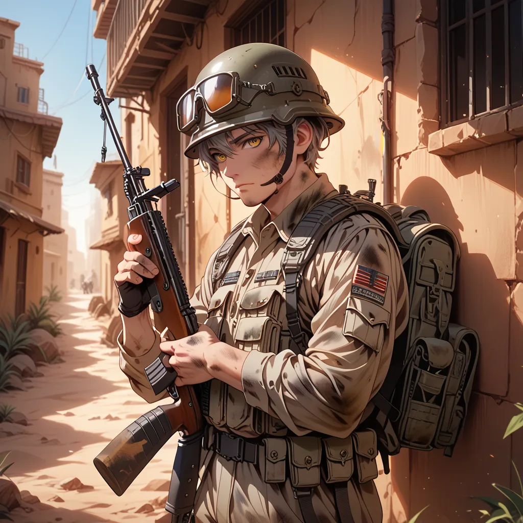 male soldier, gray hair, yellow eyes, dirty, desert coloured military outfit, helmet, military backpack, helmet, holding a m4 as...