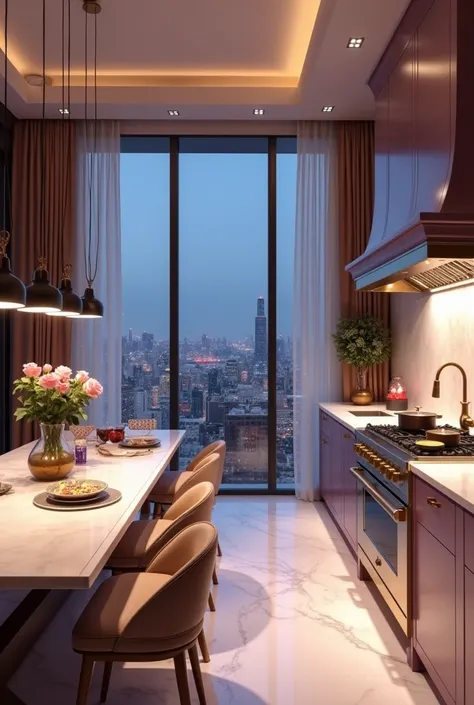 Create a nighttime atmosphere in a high-rise building in the city center with a custom-designed lilac kitchen with gold details, sink with two bowls, MDF counters and marble top, with utensils on top, an island with a large cocktop stove and hood bronze, a...