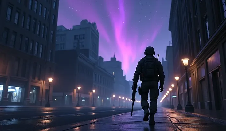 A SAS Counter Strike Soldier Condition Zero Walking in a City at Midnight Alone , with stars and with a Celestial Aurora with purple and navy blue 