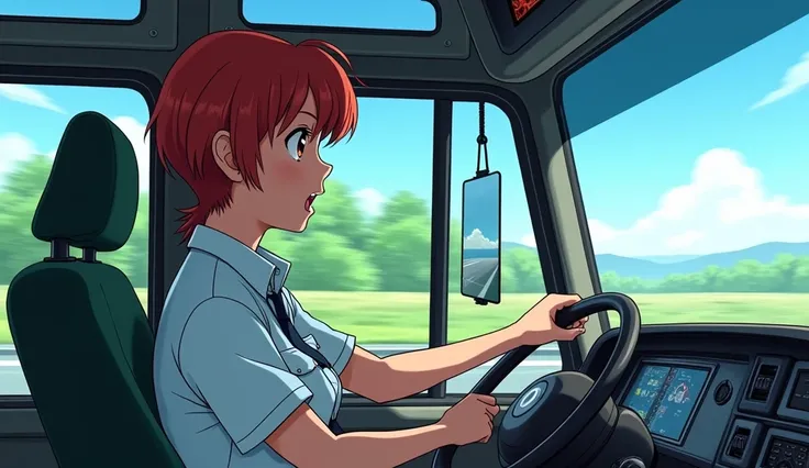 Anime, side shot of a bus driver inside a bus driving 