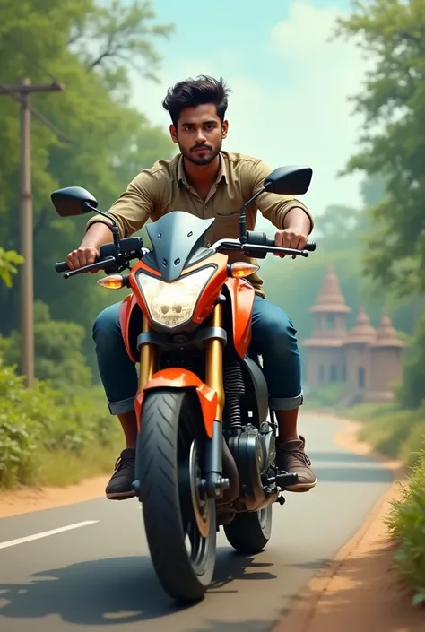 One adult Indian boy drive bike on road 