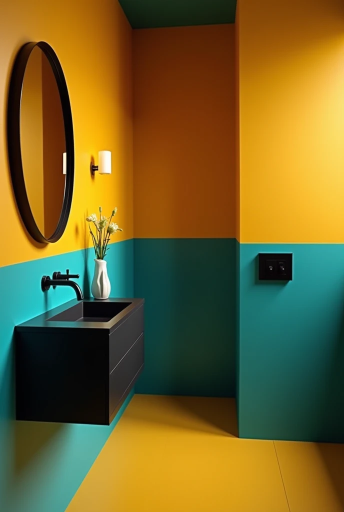 Bathroom. Paint the lower half of the wall teal and the upper half mustard yellow, then complement with black fixtures to create a striking visual impact.
