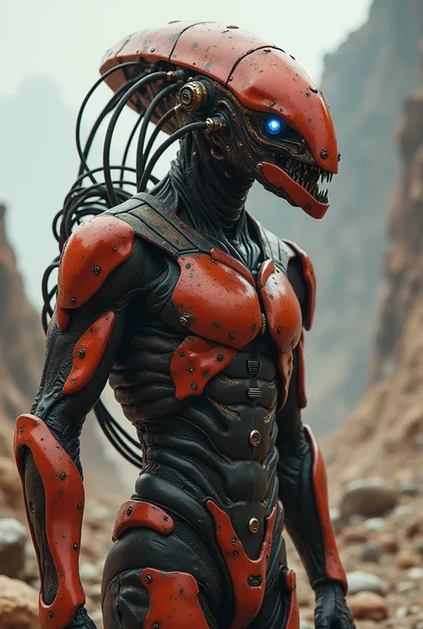  An alien with the characteristics of bionic cyberpunk crustaceans,  your face resembles a lobster ,  with your high-tech armor ,  this image is portrayed on a collapsing distant planet , Where a civil war takes place 