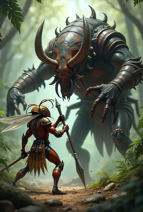 A warrior ant in the form of a realistic cartoon and a fighting ogre beetle