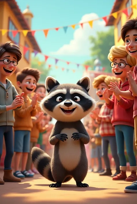 A raccoon and its surrounding community of supportive adults clapping and partying 