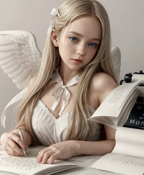  beautiful blonde girl with blue eyes writing on a typewriter while sheets of paper fall around her,  white dress with a neckline and a ribbon in the form of a white ribbon around her neck , In the background a place in shades of beige and light gray, Long...