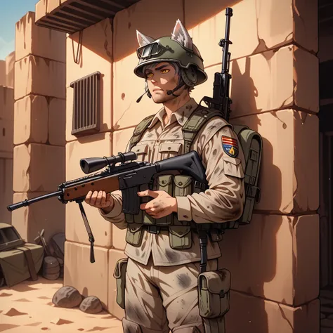 male Soldier, Gray hair, Wolf ears, yellow eyes, Dirty, Desert coloured military outfit, helmet, Military backpack, Helmet, Holding a M4 Assualt Rifle, leaning against a wall in an alleyway in a desert town