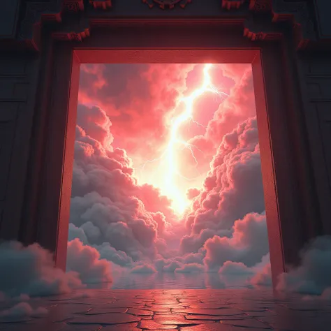 Thunder inside the square window of a temple and with white and red clouds without people