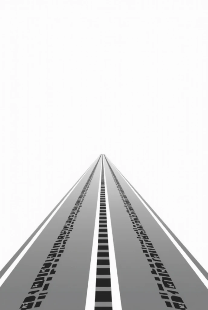 A minimalistic digital illustration in black and white, vectorized style. The image features a single road line stretching across a smooth pavement, with detailed tire marks freshly imprinted along the surface, symbolizing the beginning of a journey. The c...