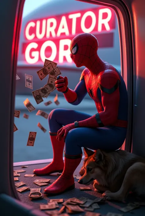  Spiderman throws a big pile of money off the plane , A dog is sitting next to him and watching this  , and behind me is a neon lettering in bold CURATOR GOR