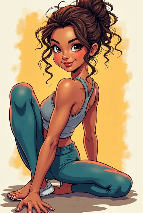 Colorful comic book style drawing of a brunette woman, brown eyes with curly hair tied in a bun, uses shades of golden blonde, adding lighter highlights to create texture and depth in the curls. doing stretching. athletic body with defined muscles, especia...