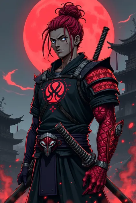 A young, handsome Afro-Japanese man with dark skin, bright red dreadlocks in a samurai bun and moon-blue eyes and a gloomy appearance, with grayish skin and black veins marking his symbiotic arm covered with a red carapace covered in spikes, sharingan eyes...