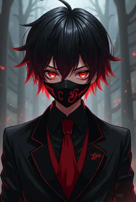  Young villain student Anime style Boku No Hero
Black uniform,  black hair with red bangs , with his face covered by a black mask with a red skin 