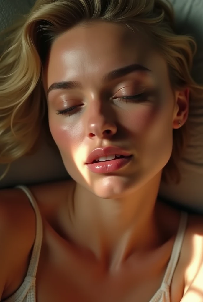 Margot Robbie face close up, looking into the camera, having an orgasm with her eyes closed
