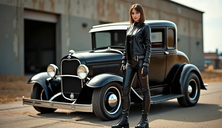 realistic photo, woman standing , wearing black shinny pvc jumpsuit , black shiny pvc jacket , wearing black shinny pvc thigh high boots , black shinny pvc gloves , outside abandonned factory with ford 32 hot rod
