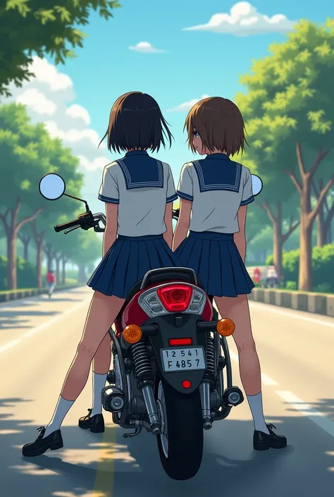 Thai women, teenagers with short hair Wearing a school uniform, short skirt,
sitting on a motorcycle in the background of the road