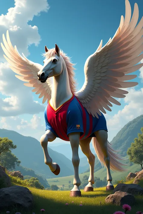 Create an image of Seya de Pegasus with the FC Barcelona shirt 