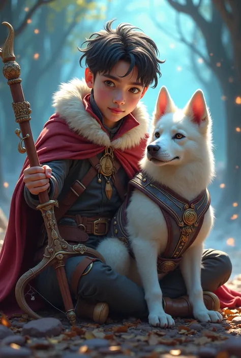  Create the image of a 15-year-old DND wizard using a wand and a crossbow and sitting.  Next to him a teleporting dog wearing white fur armor . In the fanart fantastic style 4k 