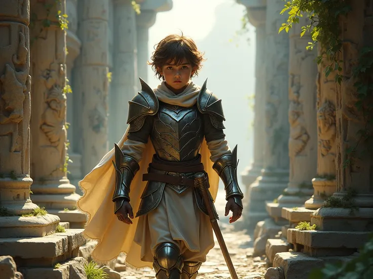 a brown-haired adolescent boy of about nineteen who wears armor and the background of ruined temples