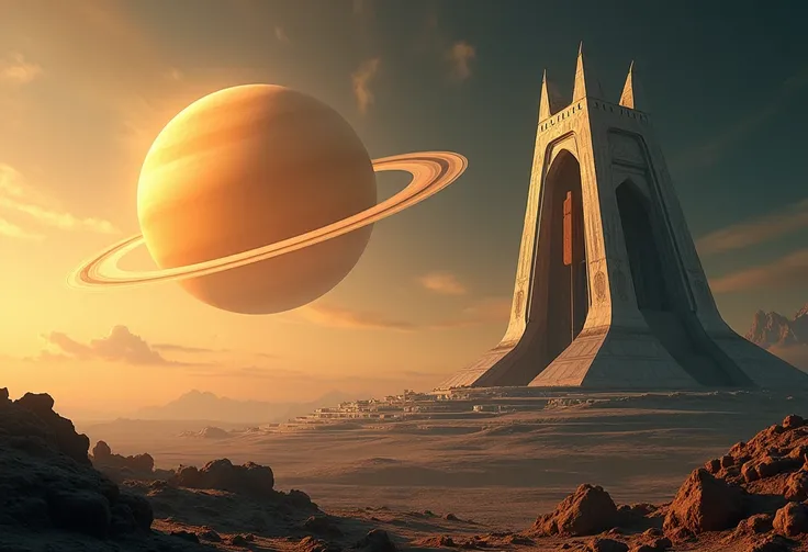 realistic landscape of saturn in beautiful colors on the earths horizon with a futuristic temple in the background