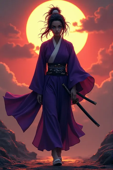 Dark-skinned character ,  What is the pillar of the moon is a man   (ficticio)  measures 1  .80 meters,   his hair is divided into 2 colors  ,   in black and white his eyes are blue and his haori is purple ,  Add a katana to his side as he walks towards th...