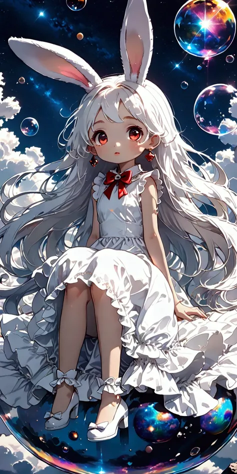 solo,1girl((chibi:1.3),cute,kawaii,(white hair:1.7),(very long hair:1.7),bangs,(ear(fluffy white bunny-ear):1.4),(red eye),big eye,beautiful shiny eye,(((skin color white))),big hairbow,(white frilled dress:1.3), (sit on (bubble:1.3)(huge,gigantic,beautifu...