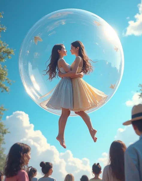 (best quality,4k,8k,highres,masterpiece:1.2),ultra-detailed,(realistic,photorealistic,photo-realistic:1.37),two young beautiful girls hugging inside a giant magical floating bubble, sexy figures and outfits, blue sky, people looking up at the bubble, bubbl...