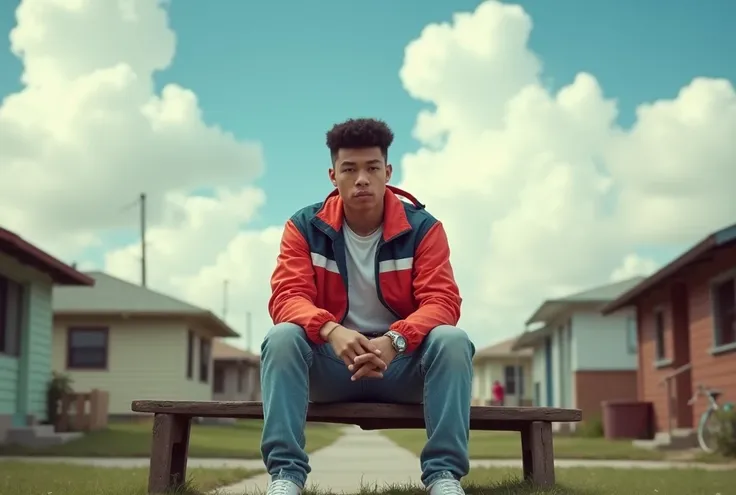 A young man sits on a simple bench in a neighborhood setting, surrounded by subtle markers of life and activity. He’s dressed in casual 90s attire: a slightly oversized windbreaker in bold, retro colors, stonewashed jeans, and white sneakers. His expressio...