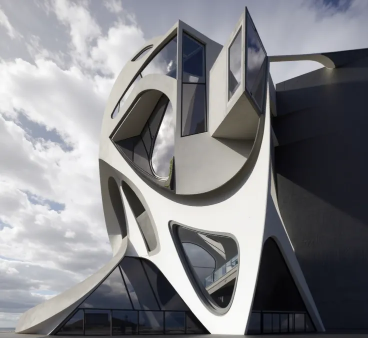 futurist architecture building in the beach with windows, entrance hall, and terrace and sky with clouds