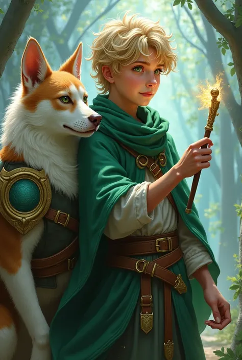  Create the image of a 15-year-old DND sorcerer ,  blond hair ,  green eyes, Using a wand conjuring up the illusion of a cat .  He is next to a teleporting dog that wears armor and white fur. In the fanart fantastic style 4k 