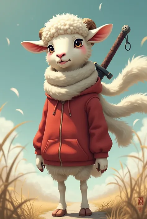 Generate an image of a cute sheep wearing a red hoodie and a white long scarf flowing around him in the wind with a sword equipped on his back and he looks like a tall anime character