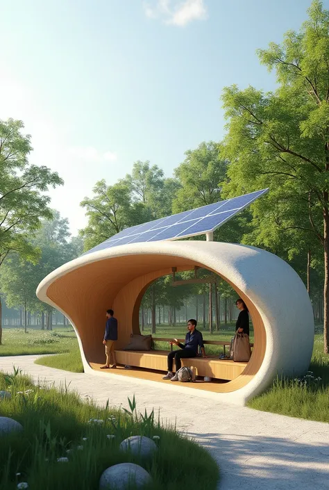 sustainable bus stop ,  with solar panel on the sloping roof .  its shape is organic and comfortable for interaction with the user