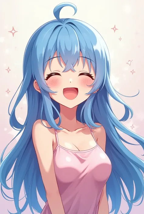 Cute anime girl, adult, long blue hair, crying with laughter