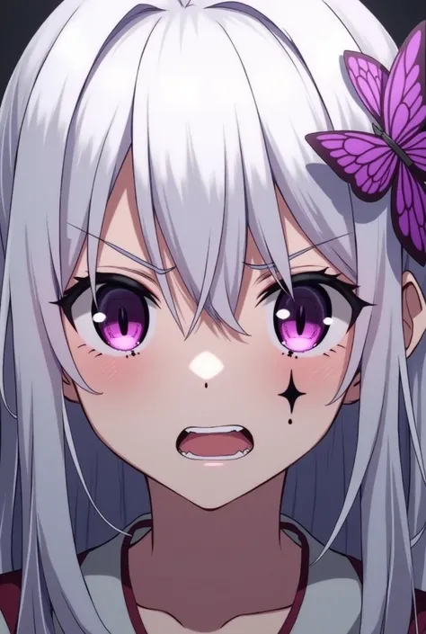   from a pretty white-haired anime with purple eyes ,  is a purple butterfly ornament in her hair  , with a very irritated and angry face  , with a very apparent scar on the nose 