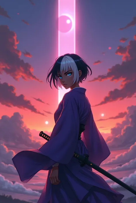 Dark-skinned character , What is the Pillar of the Moon   (ficticio)  measures 1  .80 meters,  Her hair is divided into 2 colors and is short in black and white, her eyes are blue and her haori is purple.,  Add a katana to its side as it walks towards the ...